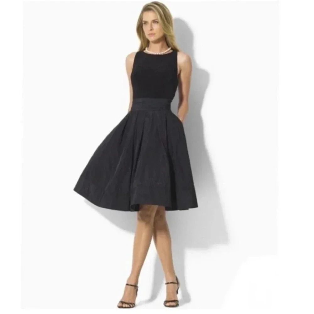 Lauren Ralph Lauren Solid Black tafetta Tie Waist Dress Sz 12